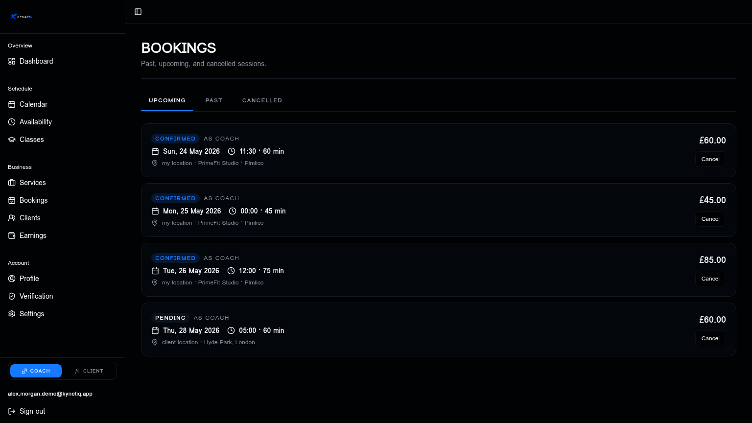 Kynetiq bookings dashboard